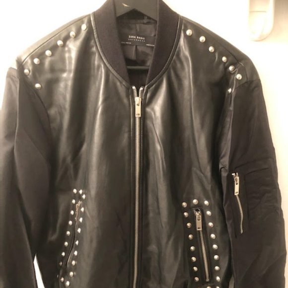 ZARA CHIC BLACK LADIES VEGAN LEATHER AND NYLON STUDDED SOUVENIR BOMBER JACKET - Picture 1 of 6